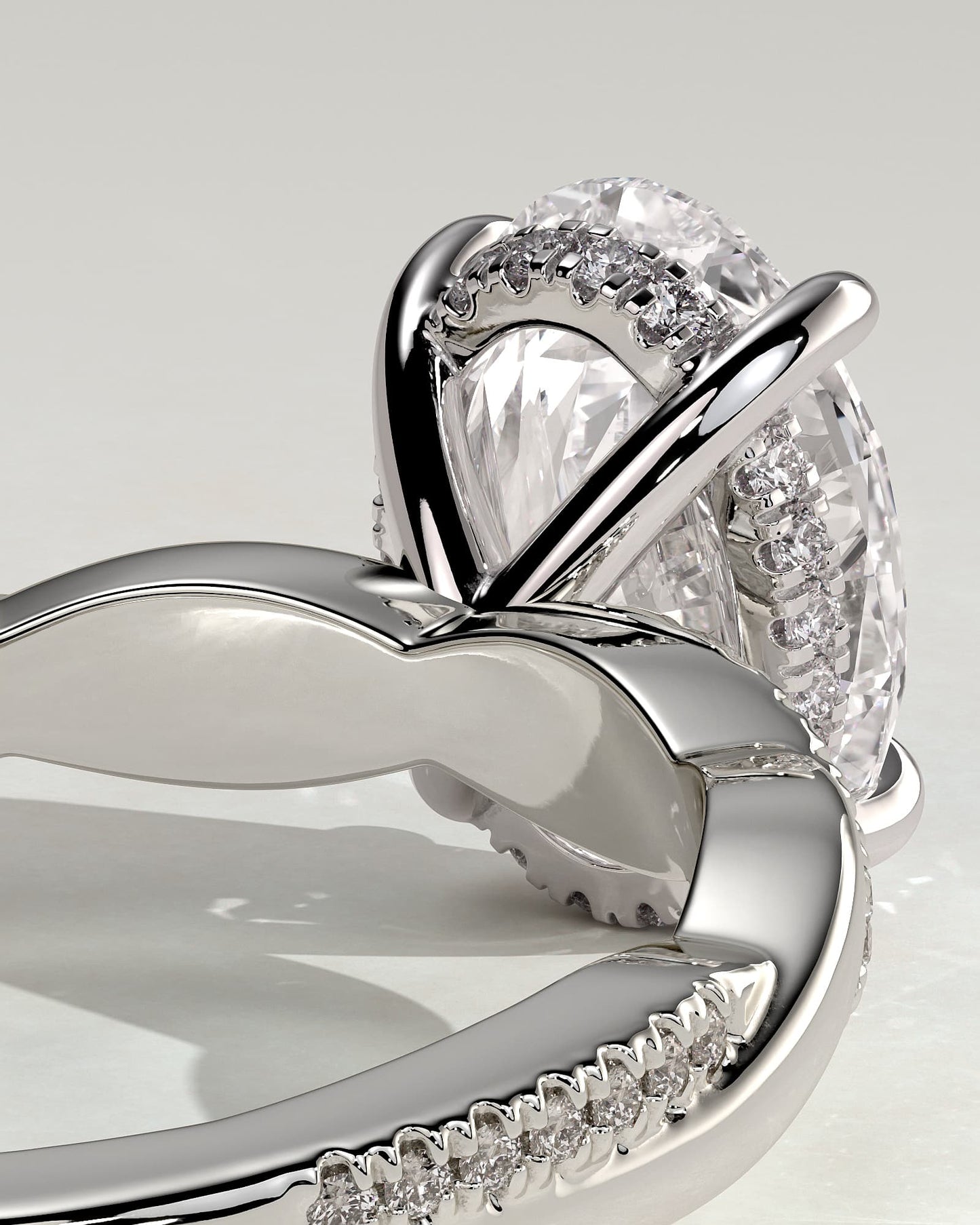 Lara - Oval Claw Solitaire with Hidden Halo and Twisted Alternating Pave Band Engagement Ring - Platinum