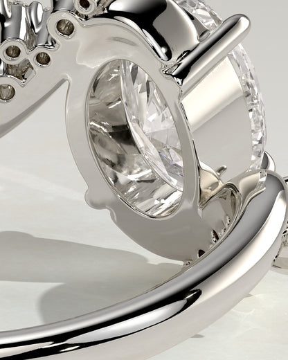 Ezmerelda - Oval Claw Solitaire with Bypass Band and Clustered Round-Marquise Accent Stones Engagement Ring - Platinum