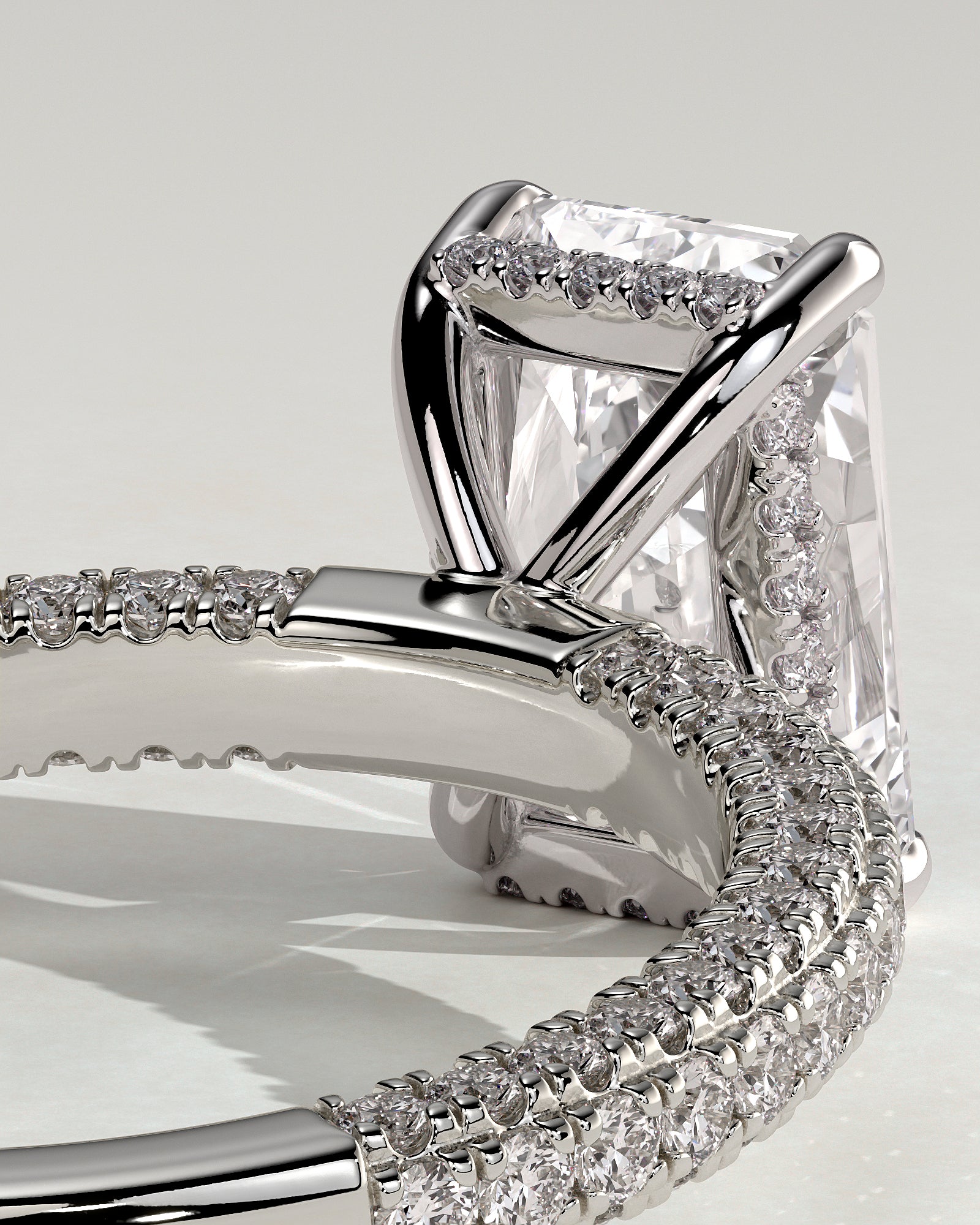 Irene - Radiant Claw Solitaire with Hidden Halo and Triple Pave Band Engagement Ring - Platinum - White Gold / Platinum 2ct