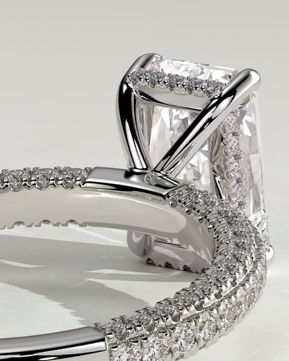 Irene - Radiant Claw Solitaire with Hidden Halo and Triple Pave Band Engagement Ring - Platinum