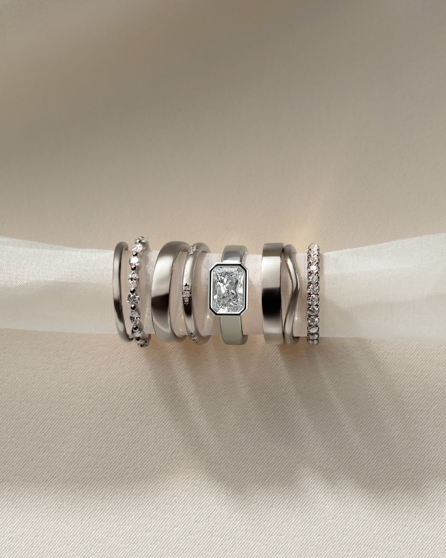 Frankie - Statement Radiant East West Bezel Solitaire with Flat Cigar Band Engagement Ring - White Gold