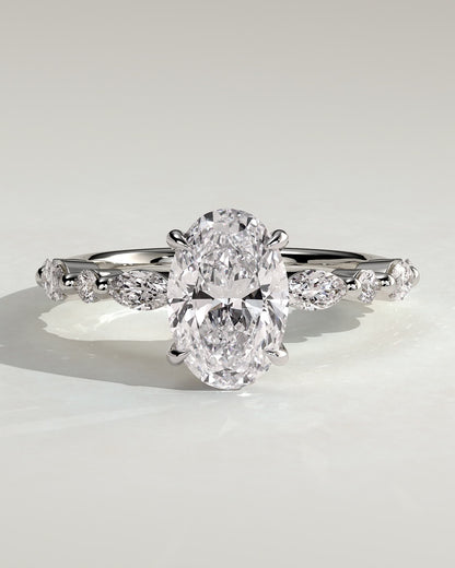 Alyssa - Oval Claw Solitaire with Marquise and Round Accent Stones Engagement Ring - Platinum - platinum - Lara Jewels