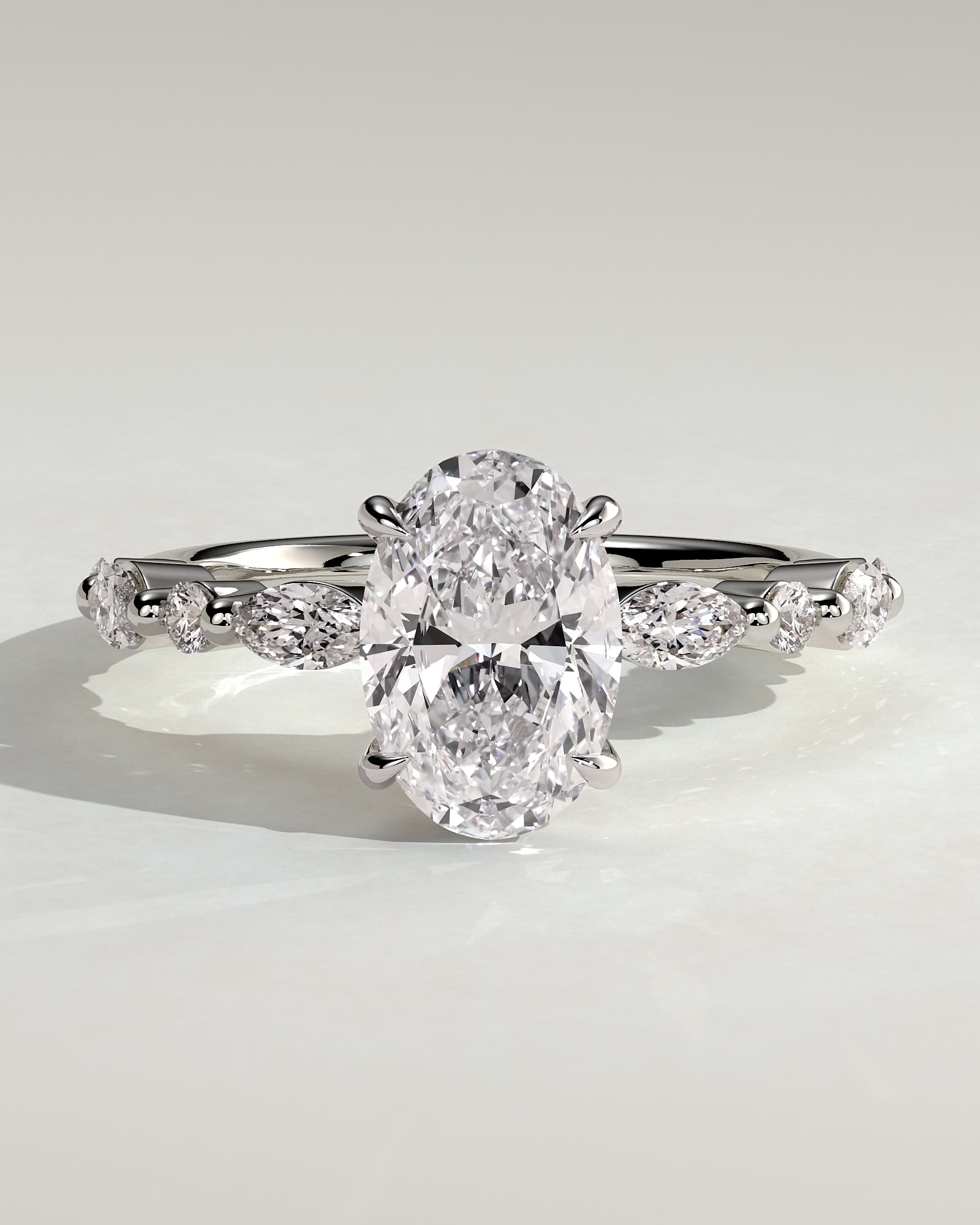 Alyssa - Oval Claw Solitaire with Marquise and Round Accent Stones Engagement Ring - White Gold - white gold - Lara Jewels