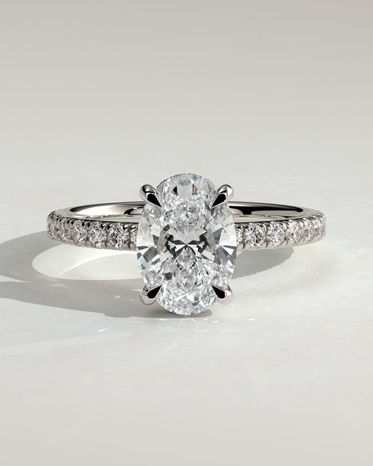 Paige - Oval Claw Solitaire with Hidden Halo and Pave Band Engagement Ring - Platinum