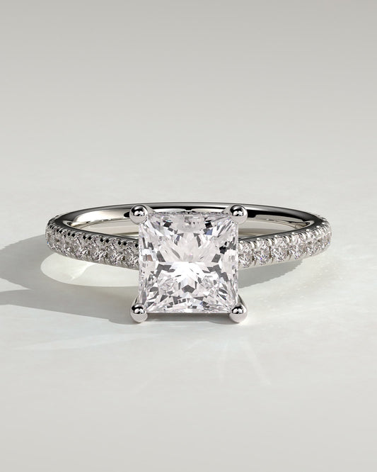 Zendaya - Princess Claw Solitaire with Hidden Halo, Pave Band and Cathedral High Setting Engagement Ring - White Gold