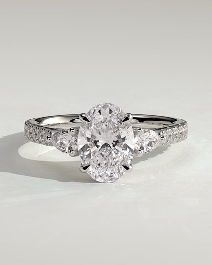 Arabella - Oval Claw Trilogy with Pear Side Stones and Pave Band Engagement Ring - Platinum - platinum - Lara Jewels