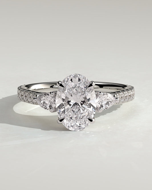 Arabella - Oval Claw Trilogy with Pear Side Stones and Pave Band Engagement Ring - Platinum - platinum - Lara Jewels