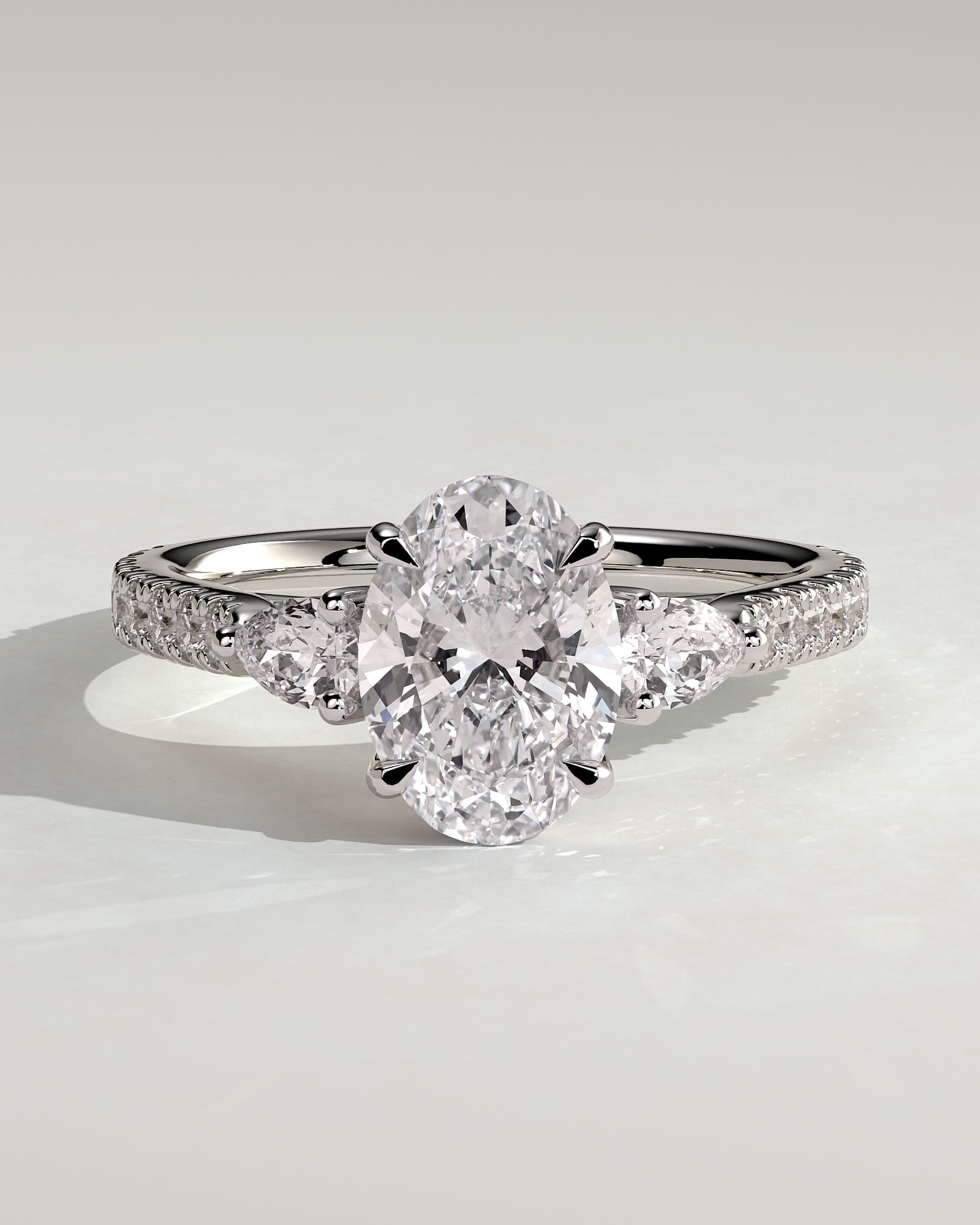 Arabella - Oval Claw Trilogy with Pear Side Stones and Pave Band Engagement Ring - White Gold - white gold - Lara Jewels