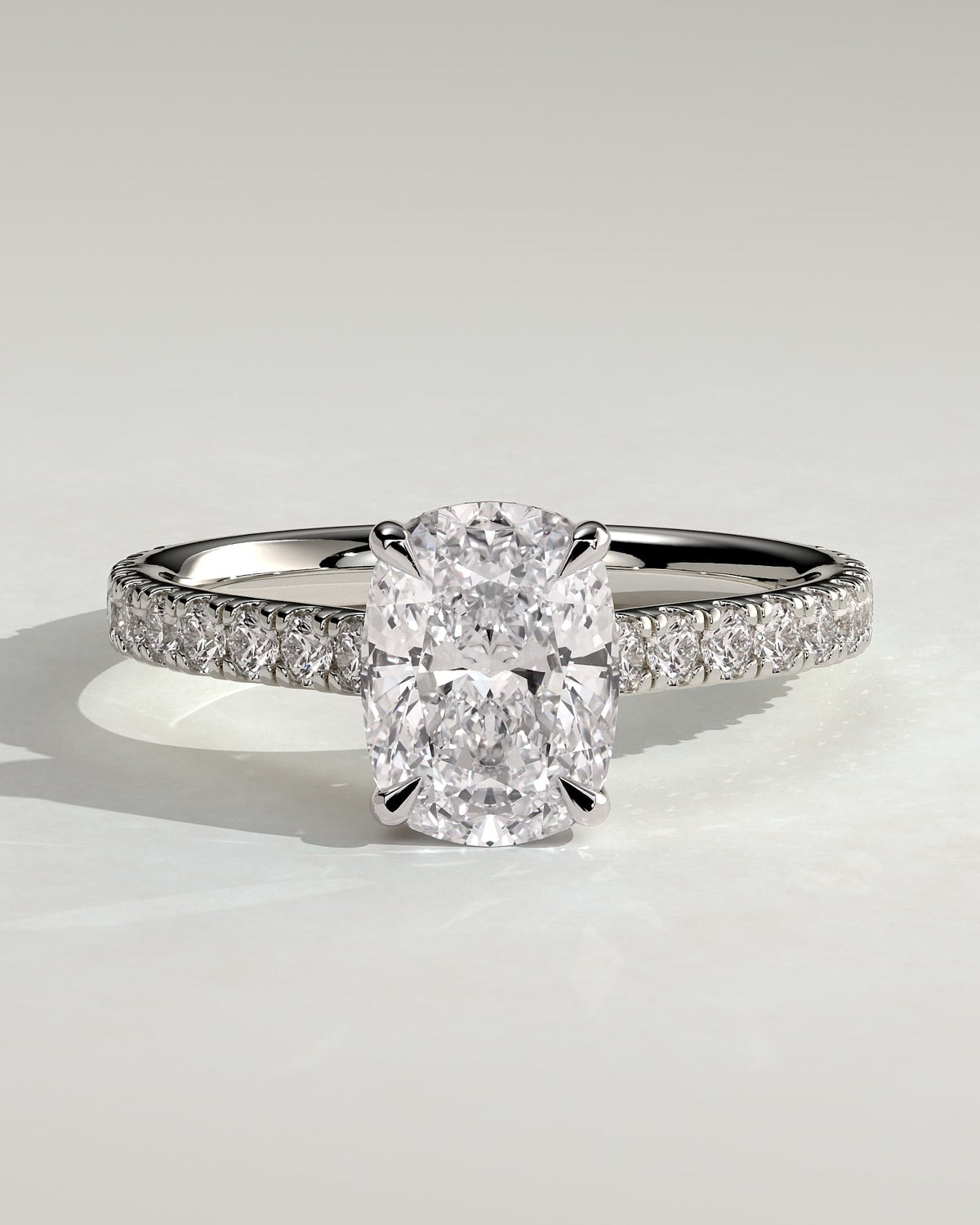 Annika - Elongated Cushion Claw Solitaire with Hidden Halo, Pave Band and Cathedral High Setting Engagement Ring - White Gold