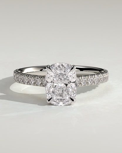 Annika - Elongated Cushion Claw Solitaire with Hidden Halo, Pave Band and Cathedral High Setting Engagement Ring - White Gold