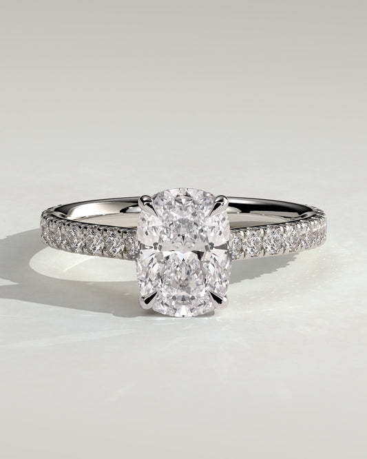 Annika - Elongated Cushion Claw Solitaire with Hidden Halo, Pave Band and Cathedral High Setting Engagement Ring - White Gold