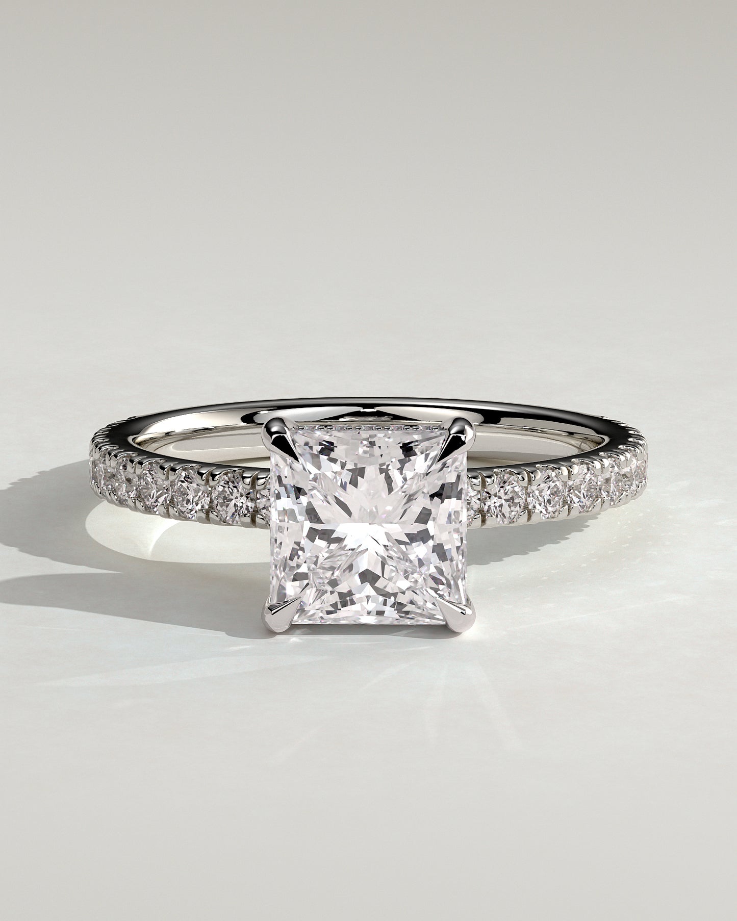 Annie - Princess Claw Solitaire with Hidden Halo and Pave Band Engagement Ring - Platinum - White Gold / Platinum 2ct