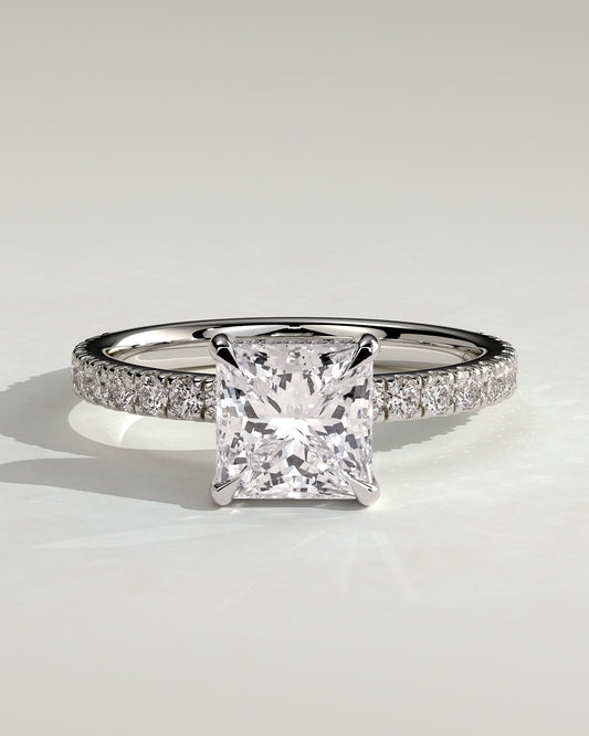 Annie - Princess Claw Solitaire with Hidden Halo and Pave Band Engagement Ring - White Gold - white gold - Lara Jewels