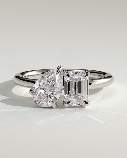 Amor - Pear and Emerald Claw Toi et Moi Engagement Ring - White Gold