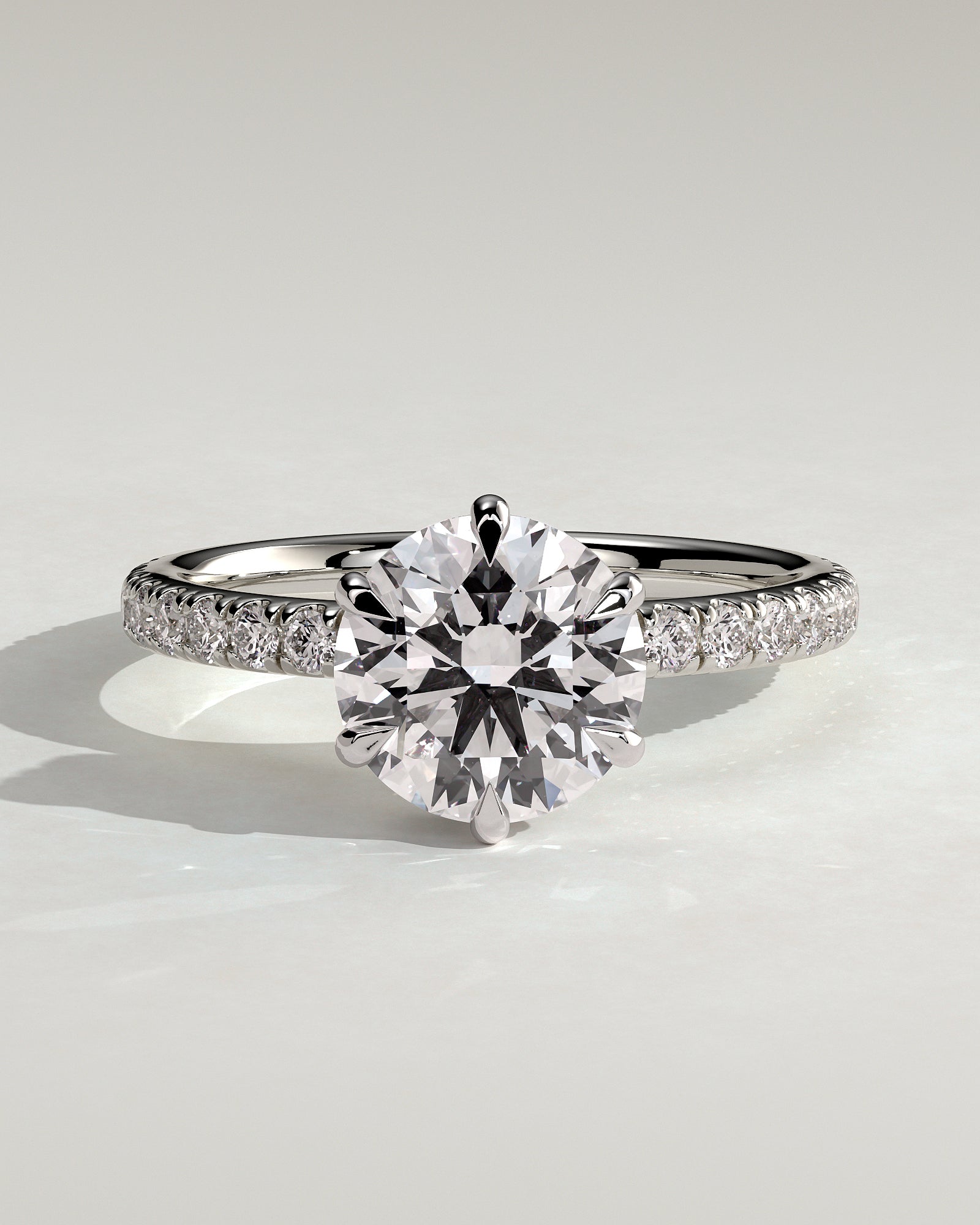 Amanda - Round Claw Solitaire with Wrap Around Hidden Halo and Pave Band Engagement Ring - Platinum - White Gold / Platinum 2ct