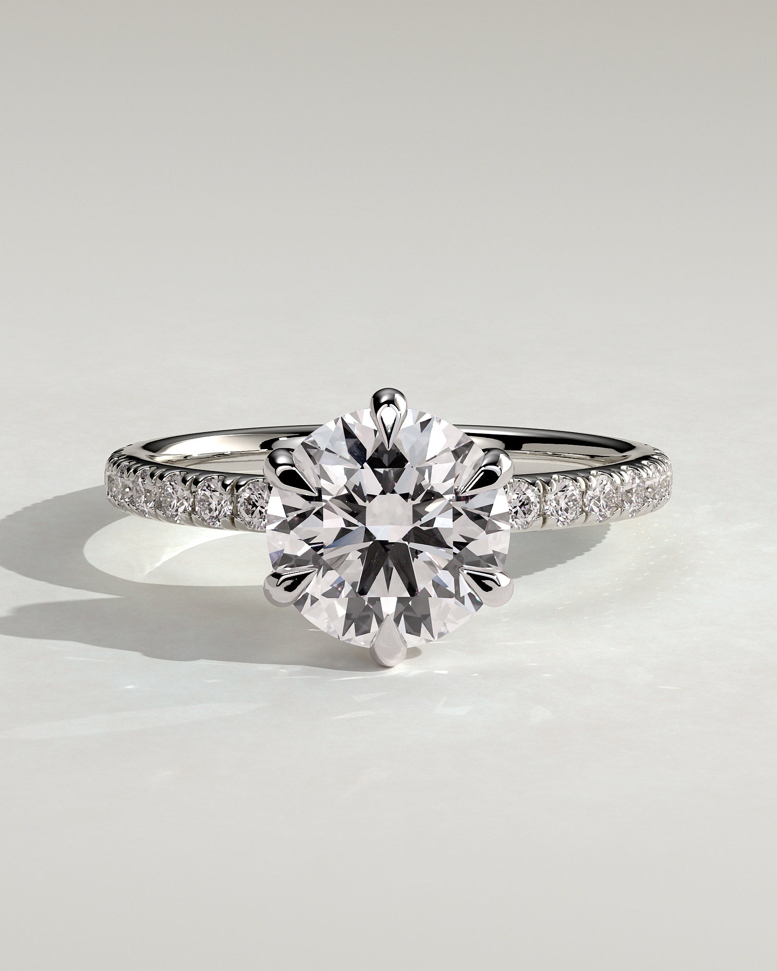 Alexandria - Round Claw Solitaire with Pave Band Engagement Ring - Platinum - White Gold / Platinum 2ct