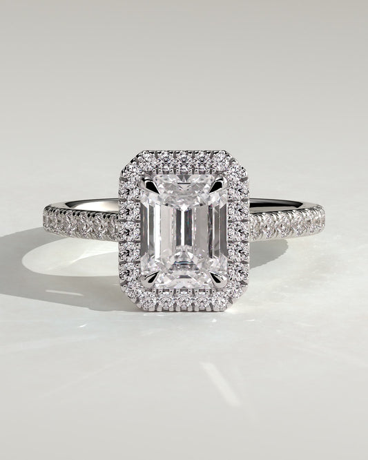Vanessa - Emerald Claw Solitaire with Halo and Pave Band and Cathedral High Setting Engagement Ring - Platinum