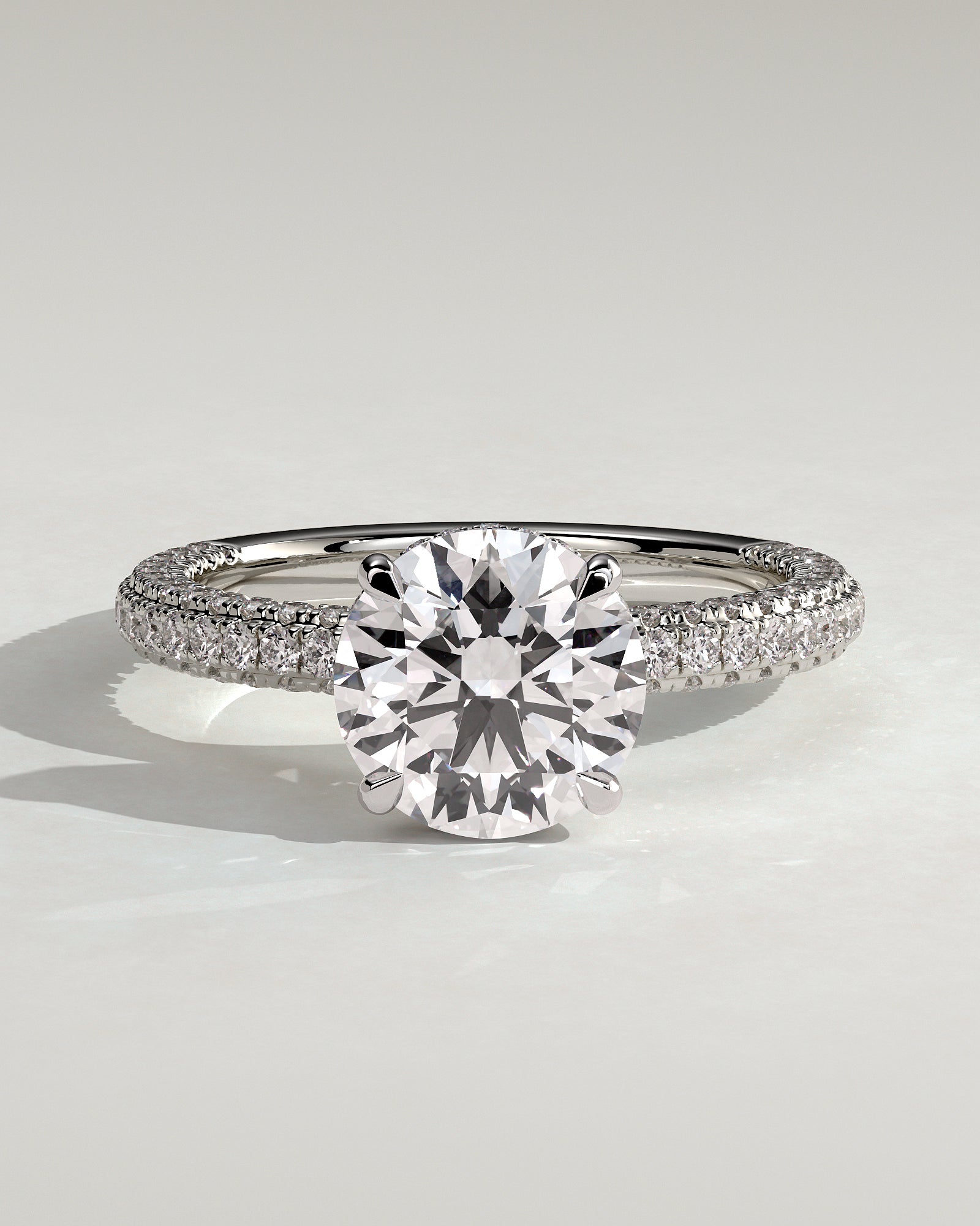Alex - Round Claw Solitaire with Hidden Halo and Triple Pave Band Engagement Ring - Platinum - White Gold / Platinum 2ct