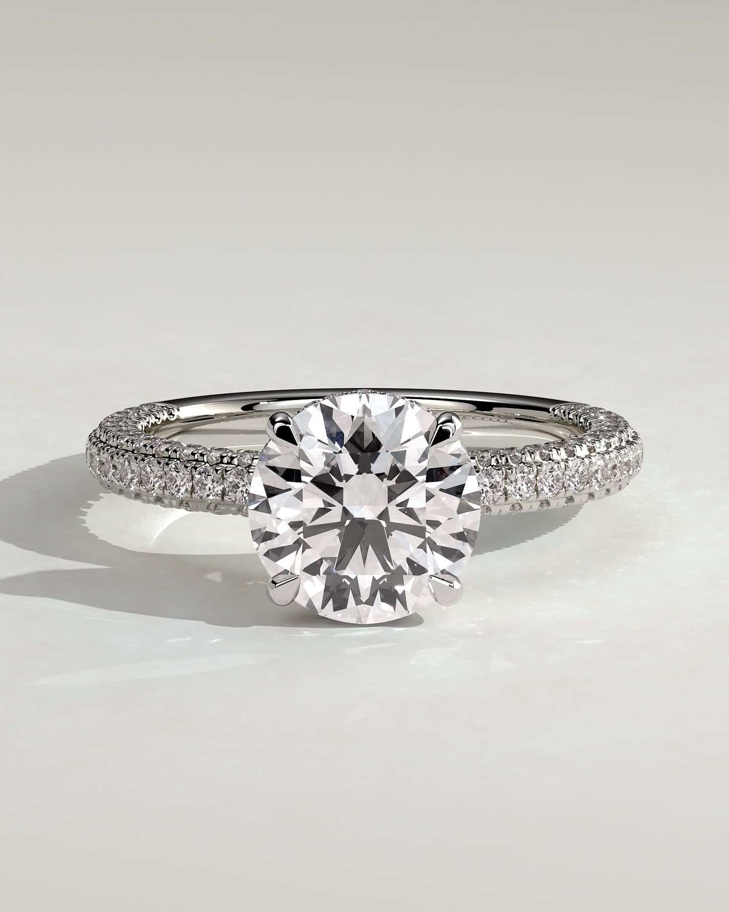 Alex - Round Claw Solitaire with Hidden Halo and Triple Pave Band Engagement Ring - White Gold - white gold - Lara Jewels