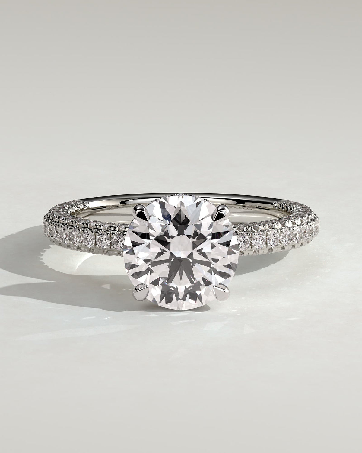 Alex - Round Claw Solitaire with Hidden Halo and Triple Pave Band Engagement Ring - White Gold - white gold - Lara Jewels