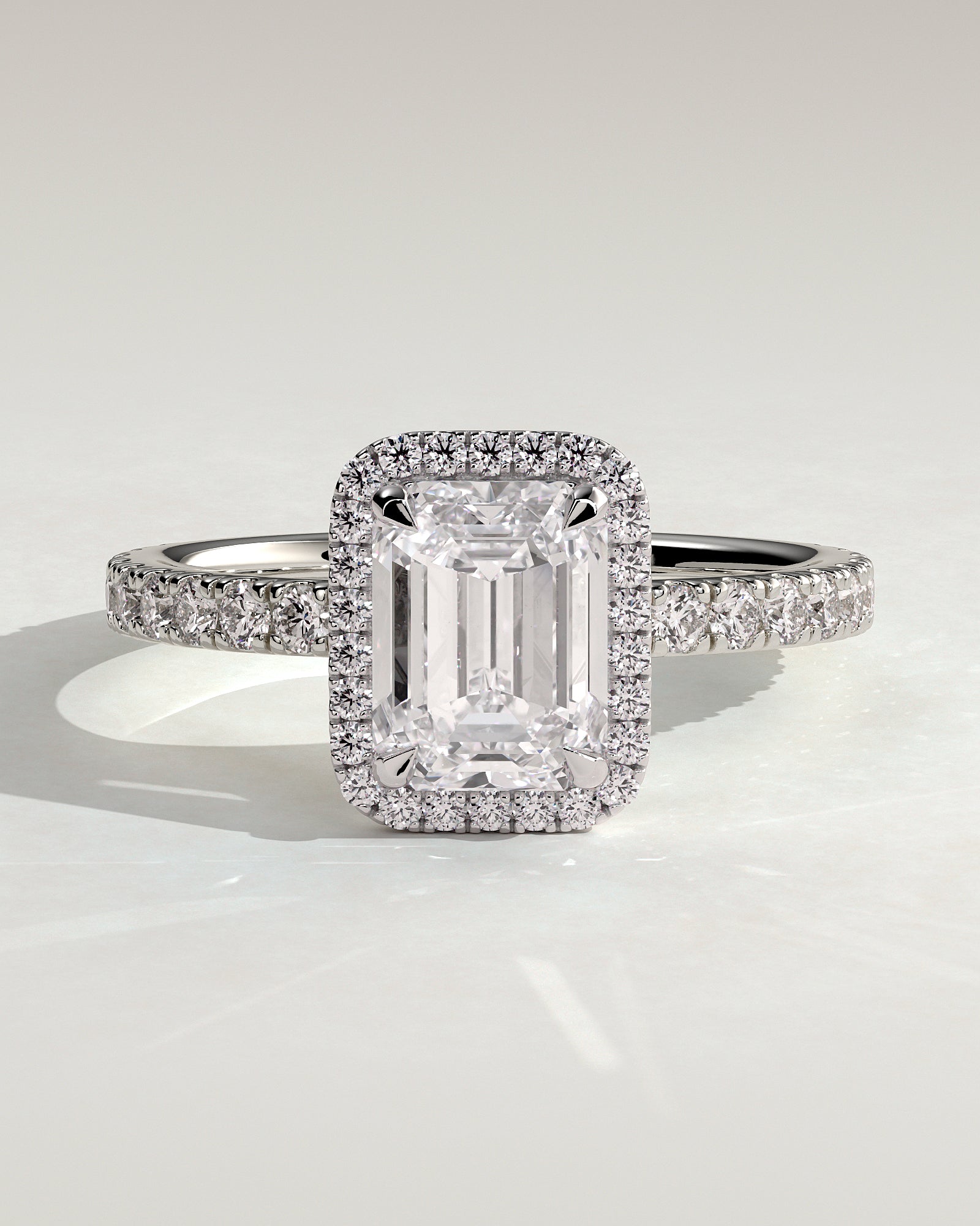 Analyce - Emerald Claw Solitaire with Halo and Pave Band Engagement Ring - Platinum - White Gold / Platinum 2ct