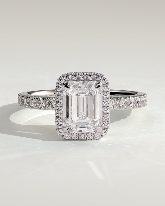 Analyce - Emerald Claw Solitaire with Halo and Pave Band Engagement Ring - White Gold