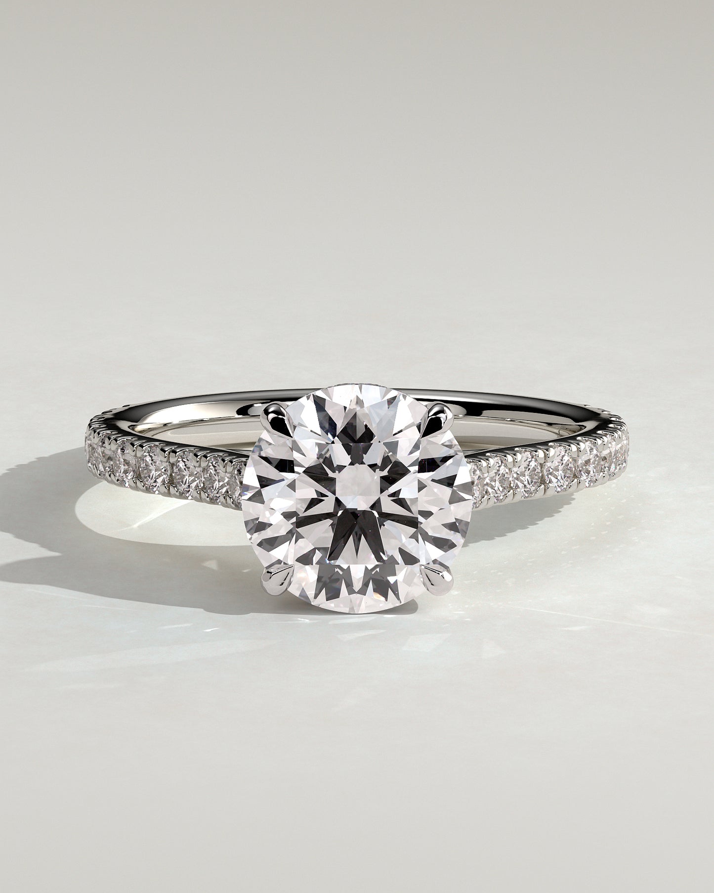 Ashlea - Round Claw Solitaire with Hidden Halo, Pave Band and Cathedral High Setting Engagement Ring - Platinum - White Gold / Platinum 2ct