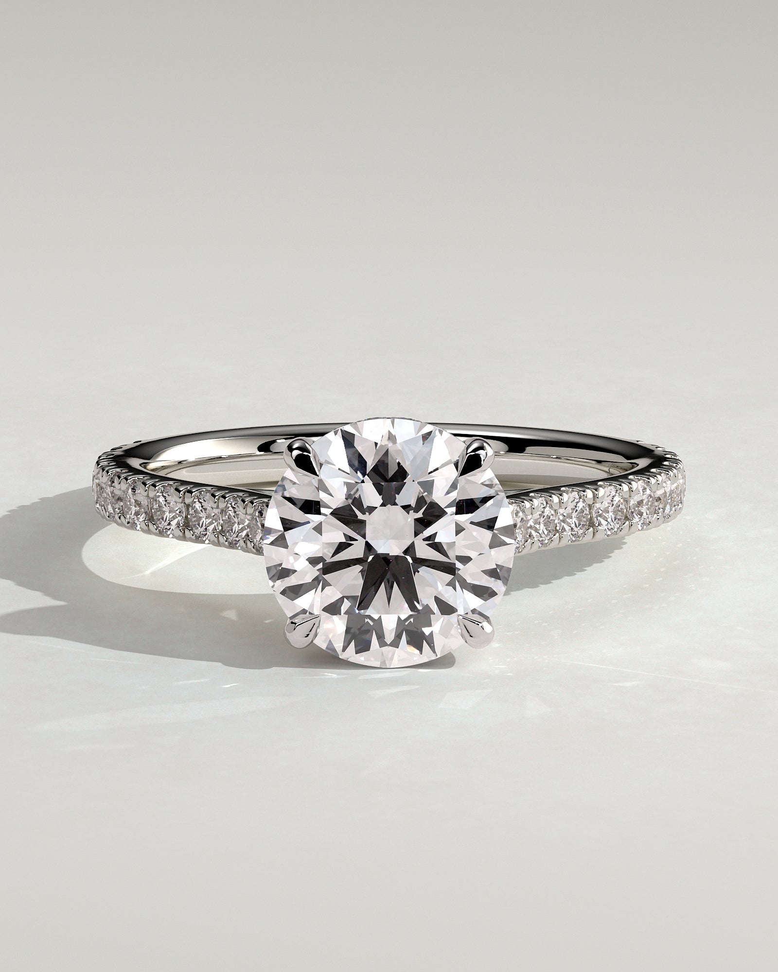 Ashlea - Round Claw Solitaire with Hidden Halo, Pave Band and Cathedral High Setting Engagement Ring - Platinum - White Gold / Platinum 2ct