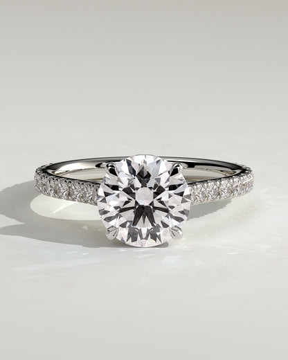 Ashlea - Round Claw Solitaire with Hidden Halo, Pave Band and Cathedral High Setting Engagement Ring - Platinum