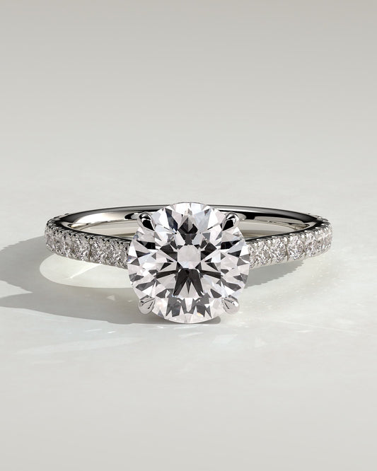 Ashlea - Round Claw Solitaire with Hidden Halo, Pave Band and Cathedral High Setting Engagement Ring - White Gold
