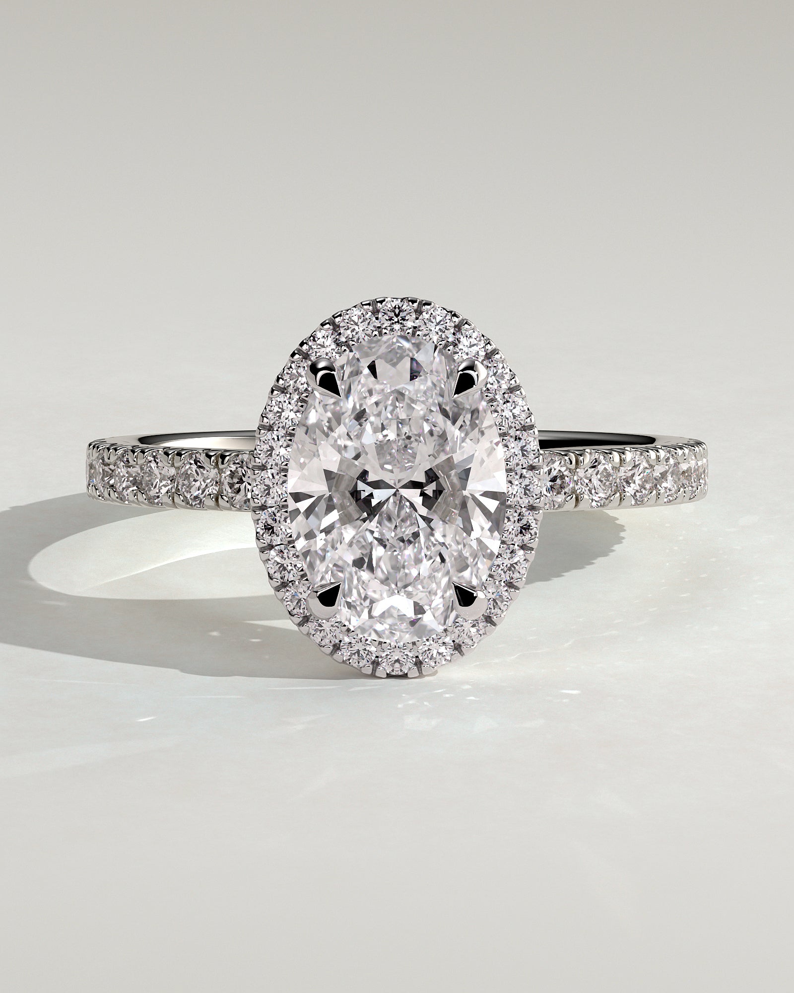 Aurora - Oval Claw Solitaire with Halo and Pave Band Engagement Ring - Platinum - White Gold / Platinum 2ct