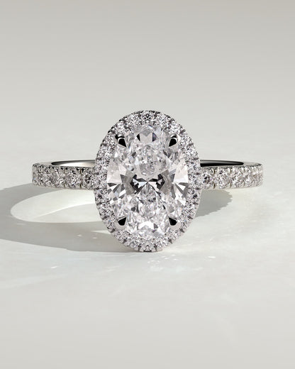 Aurora - Oval Claw Solitaire with Halo and Pave Band Engagement Ring - White Gold