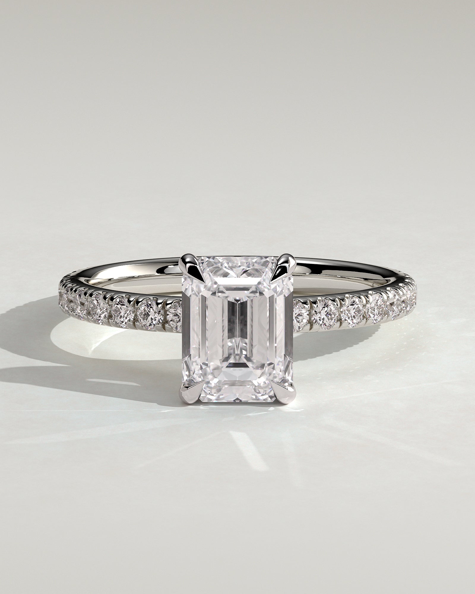 Gwyneth - Emerald Claw Solitaire with Hidden Halo and Pave Band Engagement Ring - Platinum - White Gold / Platinum 2ct