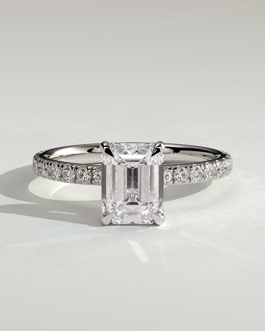 Gwyneth - Emerald Claw Solitaire with Hidden Halo and Pave Band Engagement Ring - Platinum