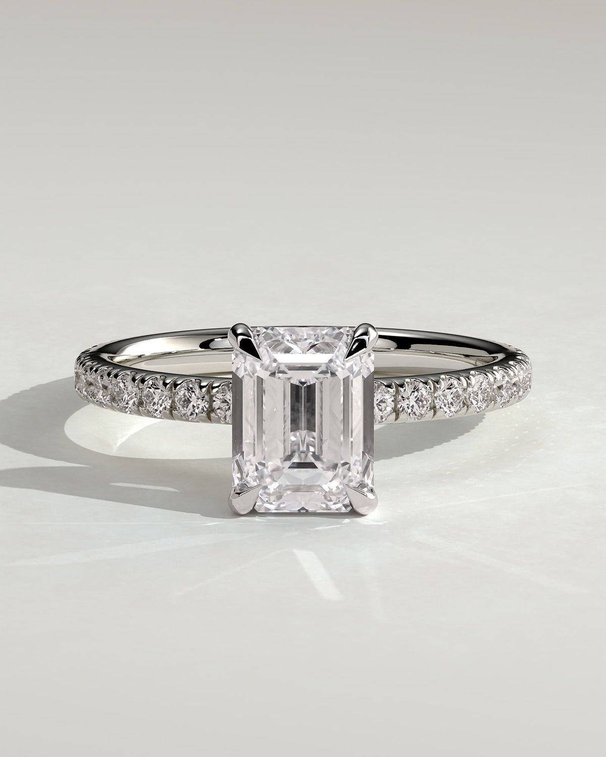Gwyneth - Emerald Claw Solitaire with Hidden Halo and Pave Band Engagement Ring - White Gold