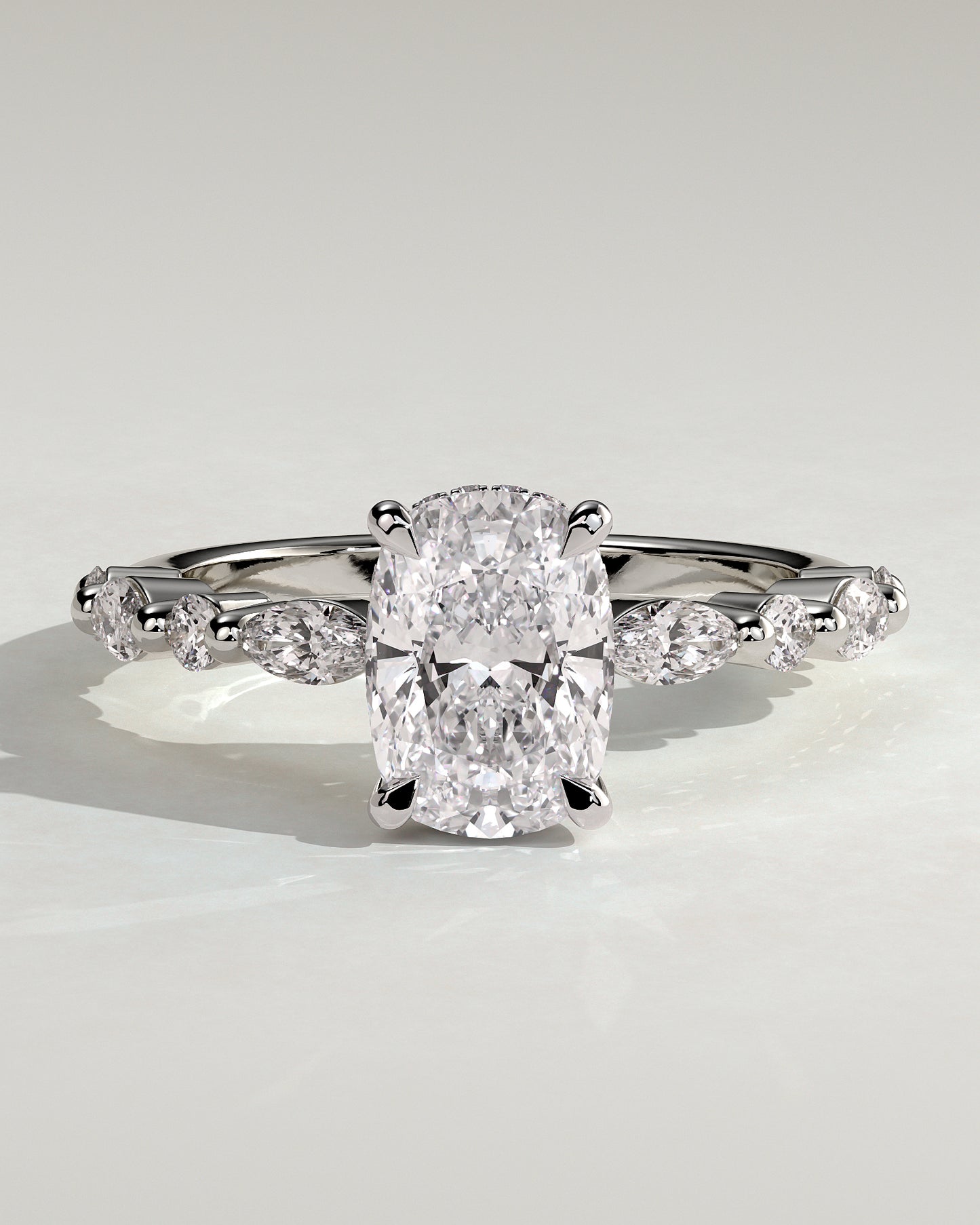 Cali - Elongated Cushion Claw Solitaire with Marquise-Round Accent Stones and Hidden Halo Engagement Ring - Platinum - White Gold / Platinum 2ct