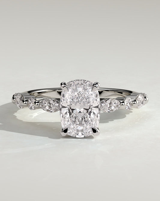 Cali - Elongated Cushion Claw Solitaire with Marquise-Round Accent Stones and Hidden Halo Engagement Ring - White Gold