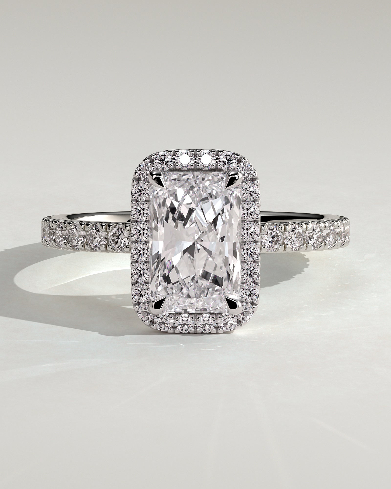 Catherine - Radiant Claw Solitaire with Halo and Pave Band Engagement Ring - Platinum - White Gold / Platinum 2ct