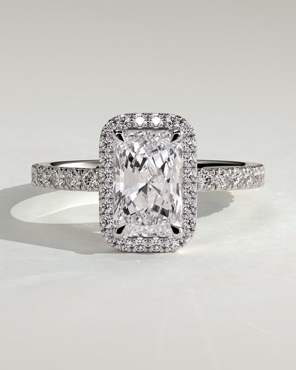 Catherine - Radiant Claw Solitaire with Halo and Pave Band Engagement Ring - Platinum