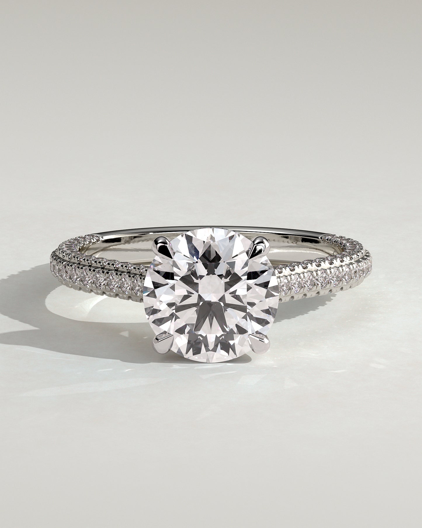 Chelsea - Round Claw Solitaire with Hidden Halo, Triple Pave Band and Cathedral High Setting Engagement Ring - Platinum - White Gold / Platinum 2ct