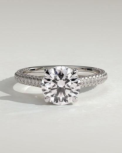Chelsea - Round Claw Solitaire with Hidden Halo, Triple Pave Band and Cathedral High Setting Engagement Ring - Platinum