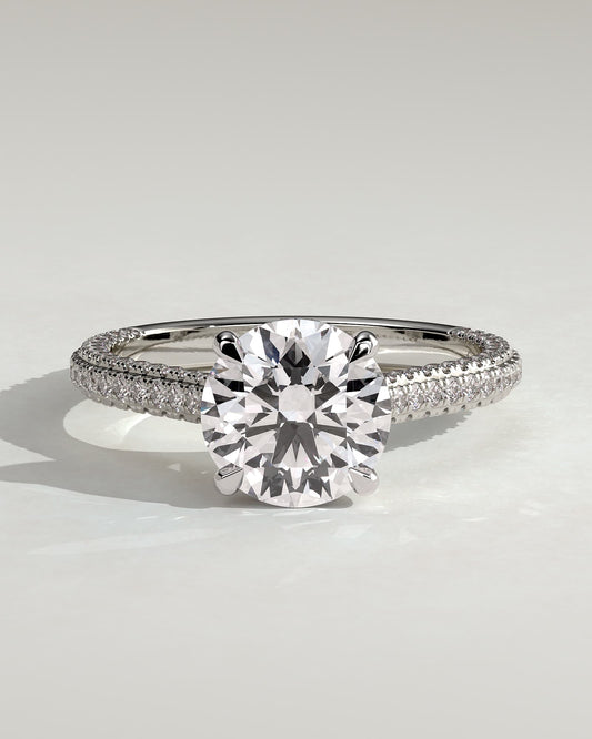 Chelsea - Round Claw Solitaire with Hidden Halo, Triple Pave Band and Cathedral High Setting Engagement Ring - White Gold