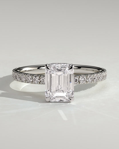 Eliana - Emerald Claw Solitaire with Wrap Around Hidden Halo and Pave Band Engagement Ring - Platinum