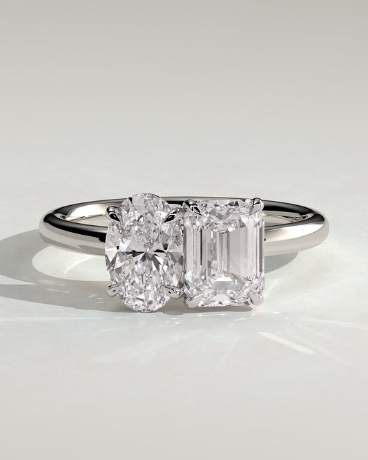 Tanya - Oval and Emerald Claw Toi et Moi Engagement Ring - Platinum
