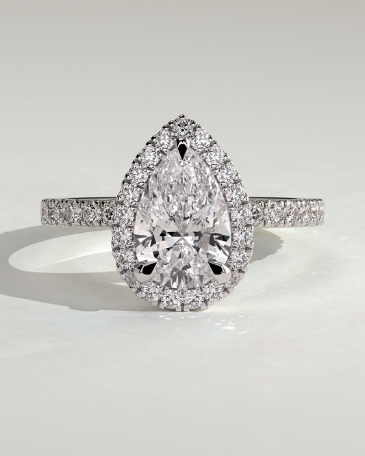 Lauren - Pear Claw Solitaire with Halo and Pave Band Engagement Ring - Platinum