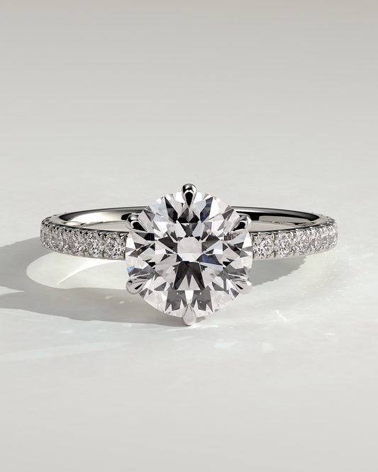 Naomi - Round Claw Solitaire with Crown Gallery and Pave Band Engagement Ring - White Gold