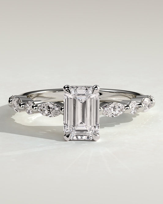 Parker - Emerald Claw Solitaire with Marquise and Round Accent Stones Engagement Ring - Platinum