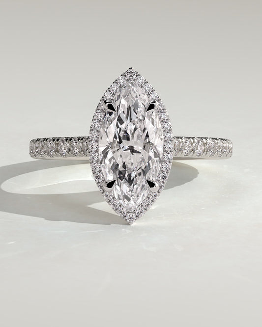 Stefania - Marquise Claw Solitaire with Halo and Pave Band and Cathedral High Setting Engagement Ring - White Gold