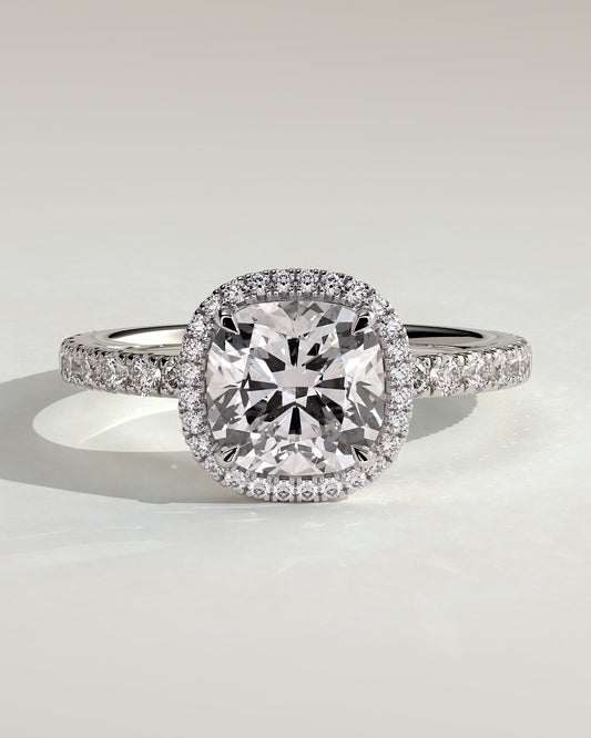 Suzana - Cushion Claw Solitaire with Halo and Pave Band Engagement Ring - White Gold