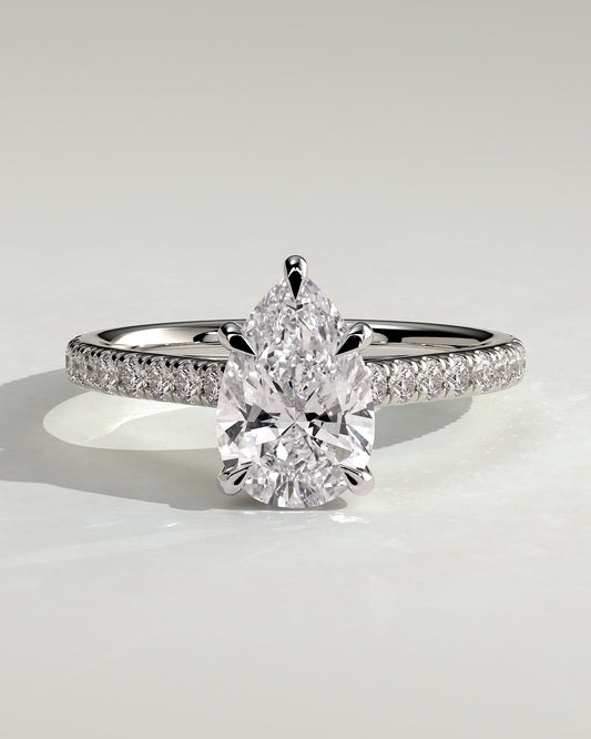 Katrina - Pear Claw Solitaire with Hidden Halo, Pave Band and Cathedral High Setting Engagement Ring - White Gold